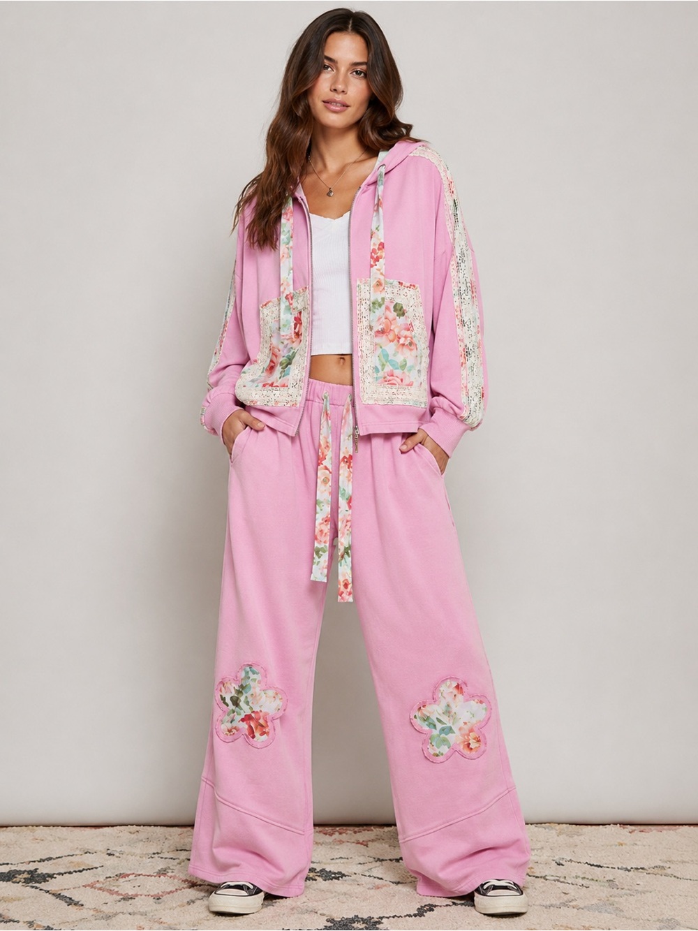 POL Pink Floral Patchwork Wide Leg Pants & Zip-Up Hoodie Set